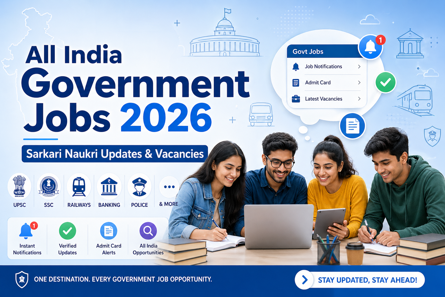 Young Indians studying with laptop, icons for government exams (SSC, UPSC, Railway, Bank, Police) in background.
