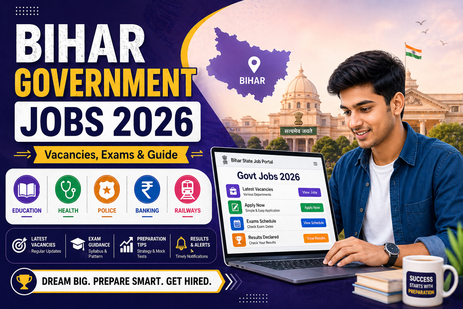 Student viewing Bihar government job vacancies on a laptop with icons for education, health, police, and banking in the background.